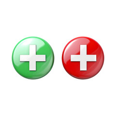 Obraz premium Glossy green and red plus sign buttons 3D icons isolated on transparent white background, clipping path