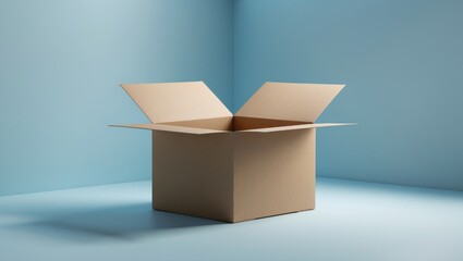 An Open Cardboard Box in a Light Blue Room