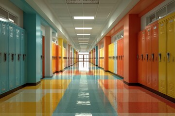 Fototapeta premium Empty school hallway and lockers with tiled floor. Long corridor in a high school with a rows of traditional metal colorful lockers on both sides of the wall. Vivid bright colors. Interior no people