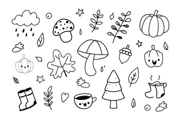 Autumn Doodles: A collection of whimsical autumnal elements, featuring charming illustrations of pumpkins, mushrooms, leaves, and other seasonal motifs, perfect for adding a touch of cozy charm.