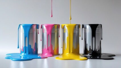 Colors of paint cans spilling with paint in blue, pink, yellow, and black shades.