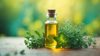 A small glass bottle with a cork stopper containing yellow oil, surrounded by fresh herbs, set against a blurred natural background.