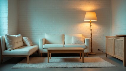 Living room interior with white sofas, wall lamp, and wooden furniture, cozy and modern decor.