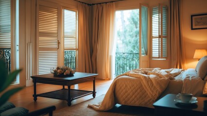 Bright bedroom with open window shutters, sunlight streaming in, and cozy bed, creating a warm and inviting atmosphere.