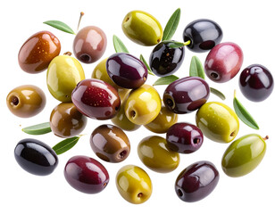 Artistic Floating Assortment of Green, Black, and Kalamata Olives, Creative Culinary Concept, Isolated PNG