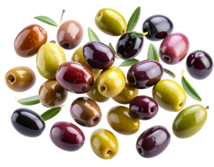 Artistic Floating Assortment of Green, Black, and Kalamata Olives, Creative Culinary Concept, Isolated PNG