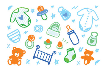 Baby Essentials: A whimsical collection of baby essentials artfully arranged, showcasing the tender care and joy surrounding new life and baby concept.