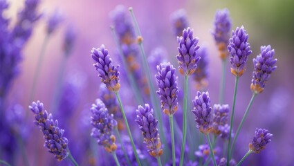 Fototapeta premium Lavender flowers in bloom with vibrant purple color. Friendly plant, fragrance, herbal remedy, nature, and garden. Aromatic and medicinal properties of lavender.