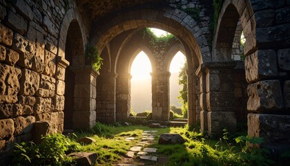 Obraz premium Antiguas ruinas de piedra con arcos bajo la luz del sol 