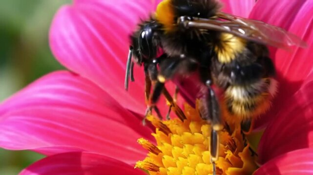 Bumble Bee Pollinating On Beautiful Pink Dalia Flower In Garden