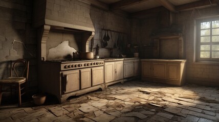 destoried kitchen in interior of the old house with rustic furniture