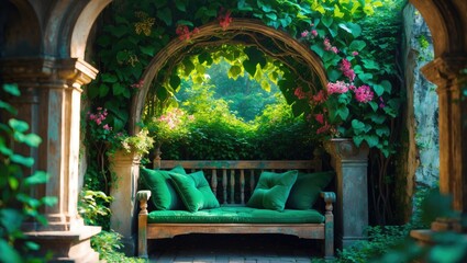 A lush garden scene with a green cushioned bench under an arched stone structure, surrounded by vibrant pink and green foliage.
