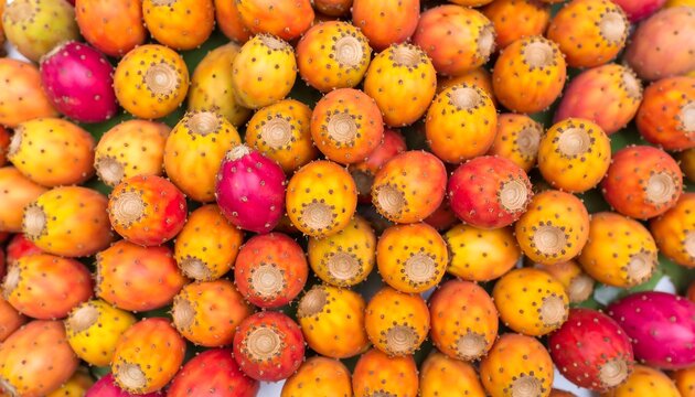 Colorful prickly pear fruits densely packed