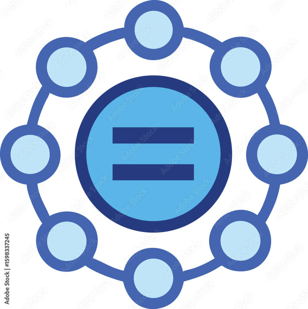 Poster vector art of a circular network of nodes connects to a central equal sign, symbolizing equality