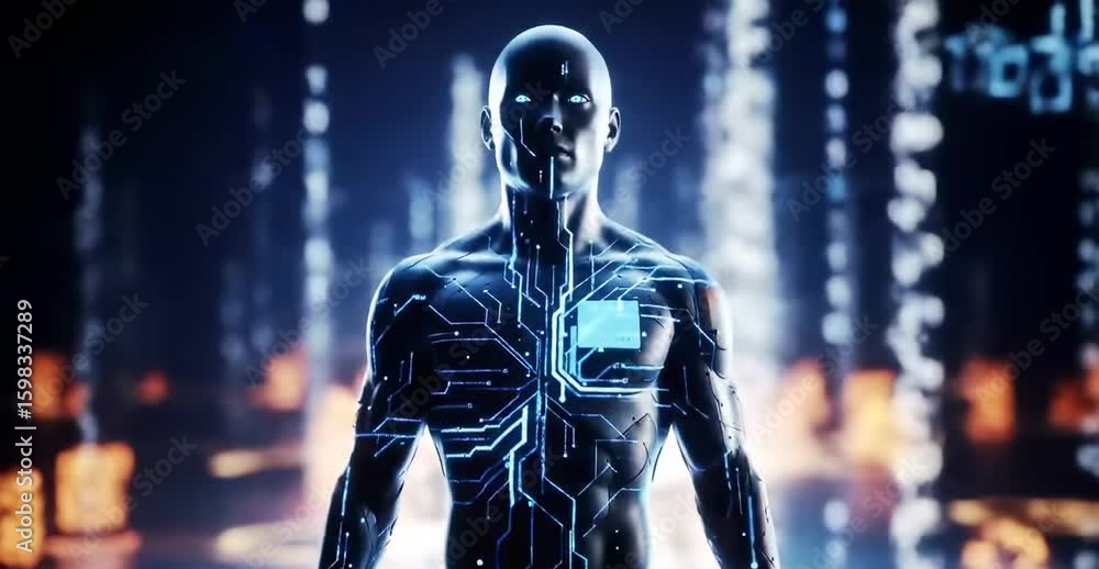 Poster futuristic humanoid figure with glowing circuitry in a digital landscape representing advanced techn