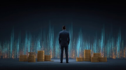 Businessman gazes at financial chart, stacks of gold coins