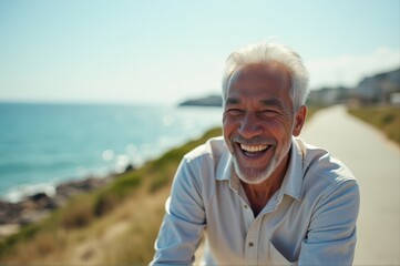 joyful senior caucasian man with white hair laughing by seaside on sunny day. happiness, relaxation, and enjoyment of nature. wellbeing, retirement, and travel. print design, greeting card, poster