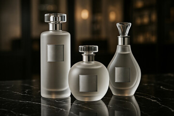 Elegant frosted glass perfume bottles with silver accents on a dark marble surface; luxury fragrance concept.