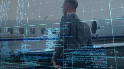 Digital grid overlay revealing businessman walking past private jet approaching destination - Powered by Adobe