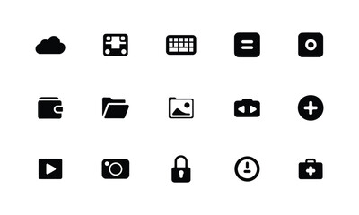 Modern User Interface Icon Collection Set solid black symbols for digital design, including cloud computing, keyboard input, wallet, folder, camera and more white background