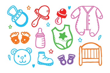 Sweet Essentials: An adorable collection of whimsical illustrations of essential baby items, each one a charming representation of the innocence and delight of infancy.