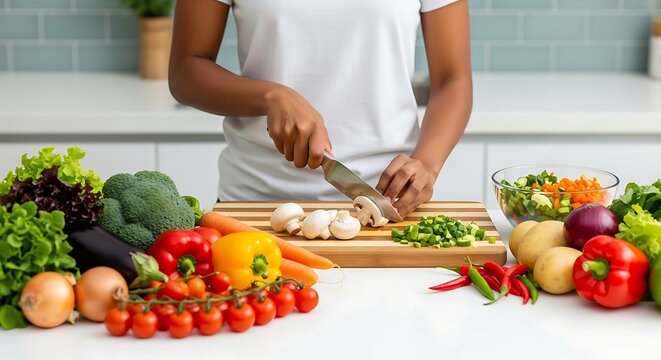 Person chopping fresh vegetables for healthy meal preparation in a bright kitchen