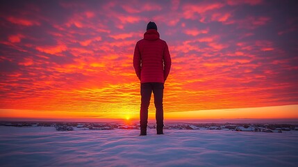 Person contemplates a vibrant sunrise over a snowy landscape.