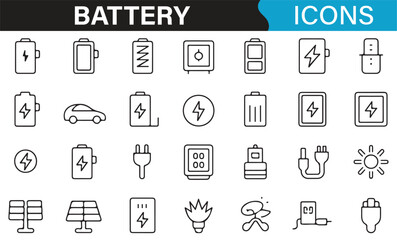 Collection of battery icons including charging and solar power symbols
