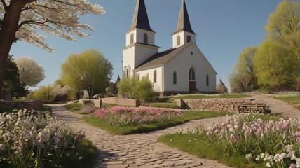 church in the countryside in beautiful environment surrounded by greenery and flowers