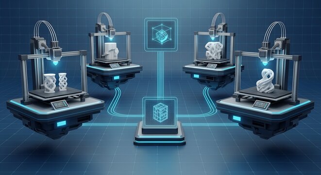3D Printing Process: Networked Additive Manufacturing with Multiple Machines Creating Different Objects.