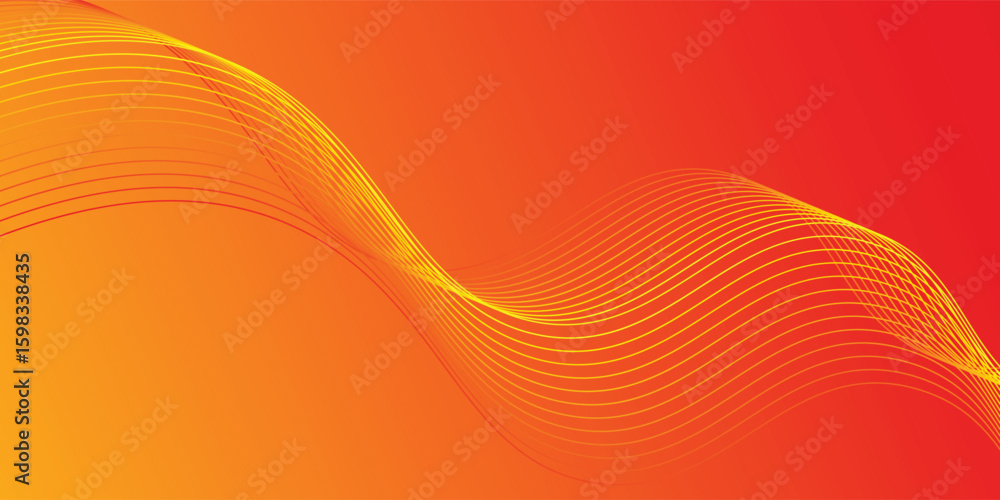 Poster soft gradient red, orange and yellow background with shining lines waves.