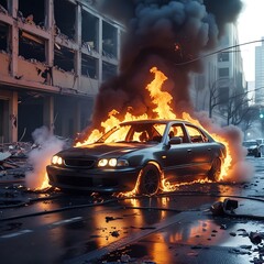 Burning Car Amidst Urban Ruins