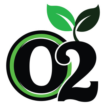 Oxygen symbol O2 with green leaves and green ring chemical science