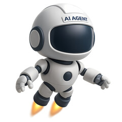Cute AI agent robot mascot in an astronaut helmet flying with jet boots. 3D render illustration for a tech startup launch or innovation concept, isolated on a white background.
