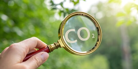 Magnifying glass reveals co2 symbol against green nature background