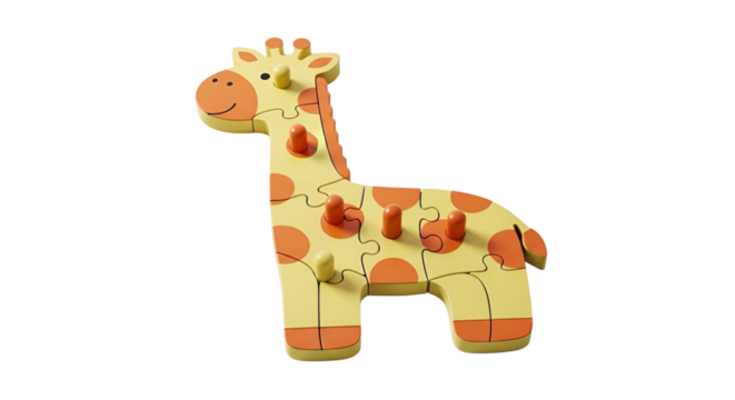 Giraffe Wooden Puzzle Toy Shows its Pieces and Pegs on a Transparent Background