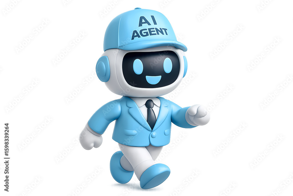 Poster cute ai agent robot mascot in a suit and cap walking with a friendly smile. 3d render illustration o