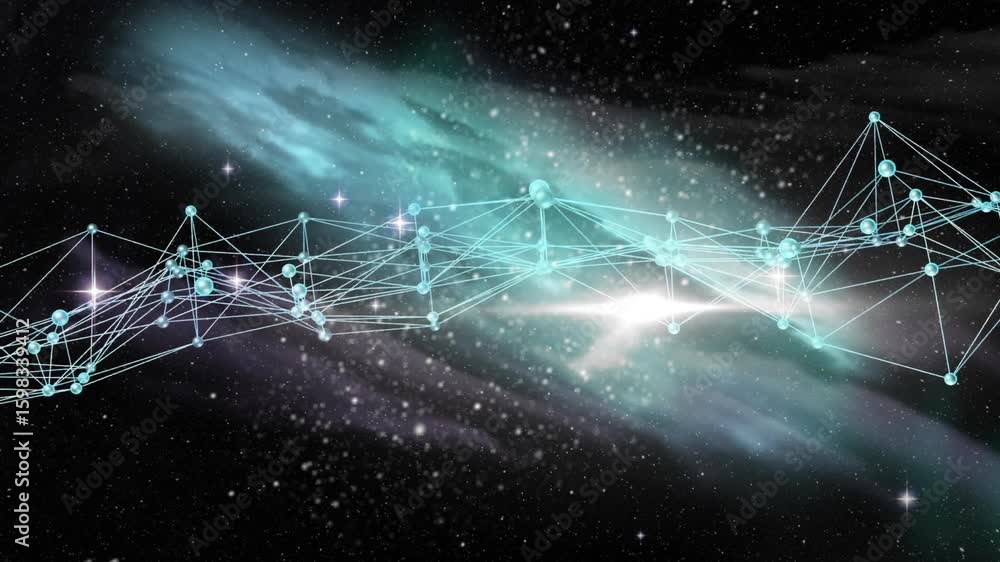 Poster nebula drifting triggers network pulsing, lines morphing and streaks shooting, panning showing flow