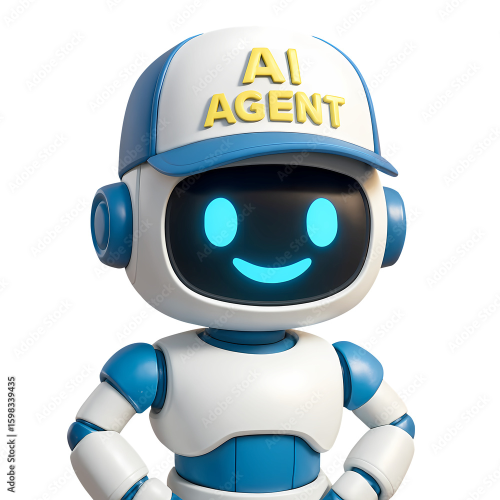 Poster portrait of a friendly ai agent robot mascot. a cute 3d character wearing a cap, smiling with glowin