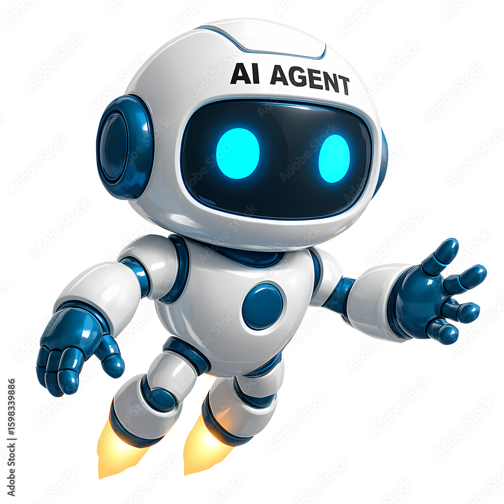 Poster friendly ai agent robot mascot character flying with jet boots. 3d render illustration of a cute whi