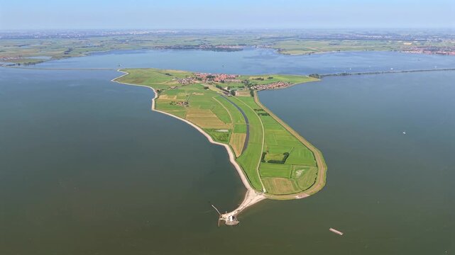 Aerial view of Marken peninsula and Paard van Marken lighthouse