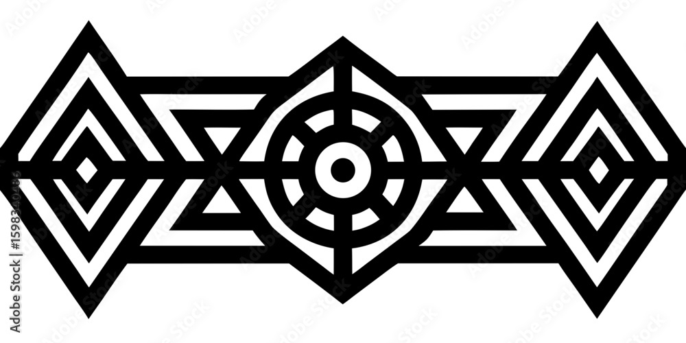 Poster striking symmetrical geometric design featuring triangles and a central circle in bold black and whi
