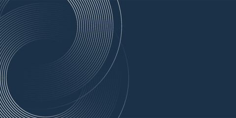 Elegant abstract golden geometric lines on dark blue background. Glowing gold circle lines pattern.