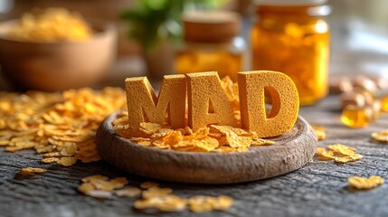 Wooden letters spelling out the word "mad" surrounded by corn flakes.