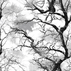 Obraz premium Seamless Pattern of Trees Reach Skyward in Gray Illustration. Dark, moody forest for backgrounds, Hinting Gear texture, Tactical use and other Army Purposes.