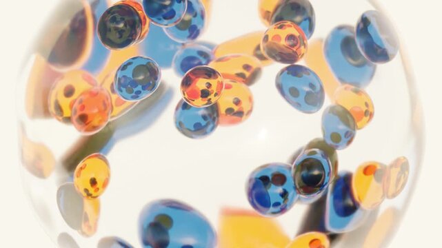 Transparent drop with blue and orange bubbles suspended inside on clean white background. Elegant 3D animation for cosmetic products, skincare ads, and scientific visualization