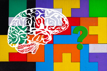 silhouette brain, intelligence quotient on wooden background, symbol education, quantitative...