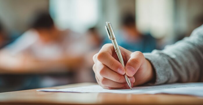 Close-up of a hand holding a pen and paper, doing an exam in school, writing something. Blurred background. The student is sitting at their desk, taking a mental test for a final-year class.