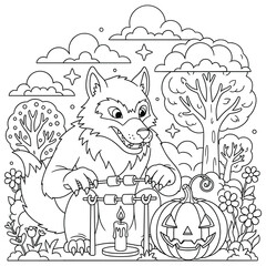 Obraz premium Cartoon werewolf roasting marshmallows over candle beside Halloween pumpkin – black and white Halloween line art for kids coloring pages