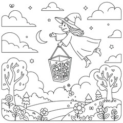 Cute cartoon witch flying across starry sky with basket full of Halloween candies – black and white line art for kids coloring pages